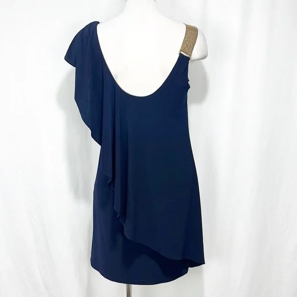 Betsy & Adam Navy Blue Gold Metal Mesh Ruffle One Shoulder Sheath Dress 4 NWT - Picture 5 of 13